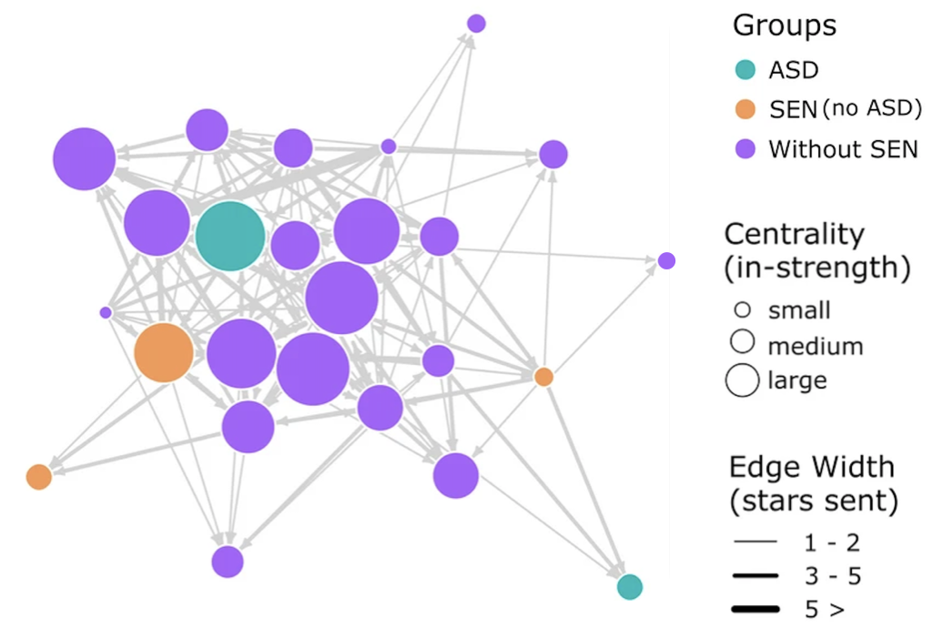 Game interface and example classroom network with ASD/SEN/noSEN groups