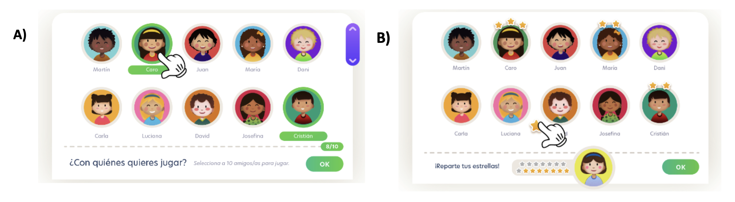 Two stages of El juego de las estrellas: A) classmate selection, B) star allocation
